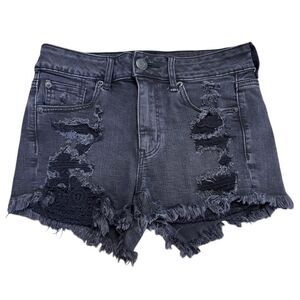 American Eagle Hi-Rise Shortie Black Denim Shorts Lace Size 4 Distressed